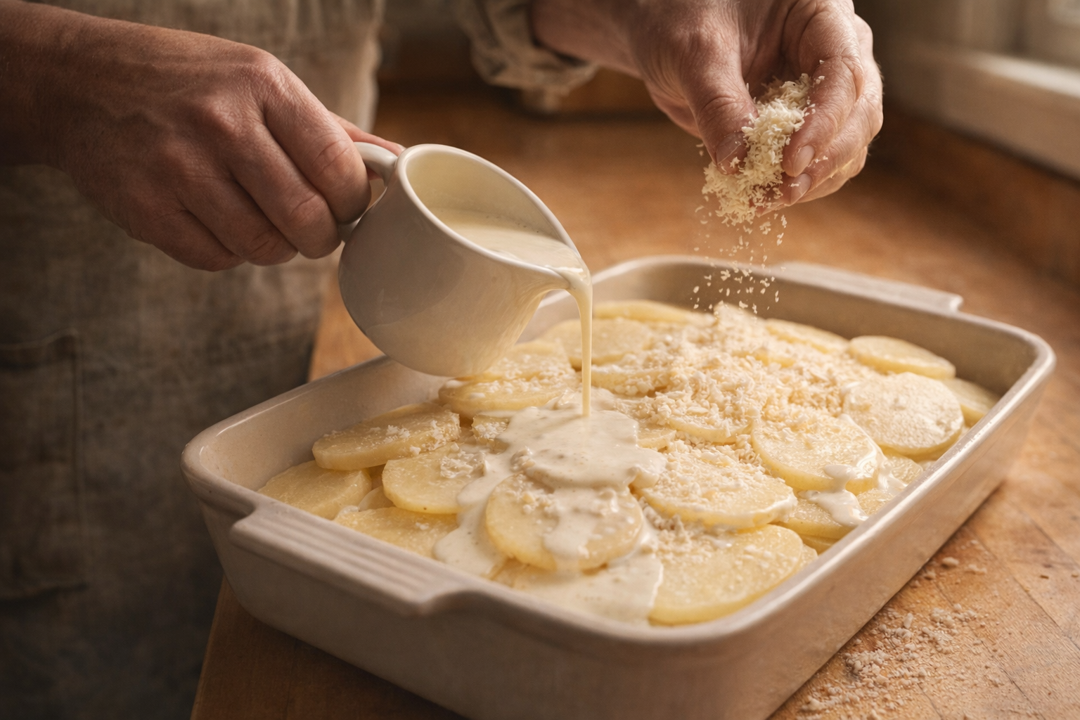 A close-up action shot of layering potato slices in a baking dish, pouring cream sauce over the potatoes, sprinkling grated cheese, soft warm lighting